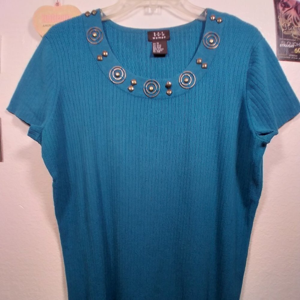 RQT Women's Ribbed Teal Short sleeves Sweater Top  Size: 1X